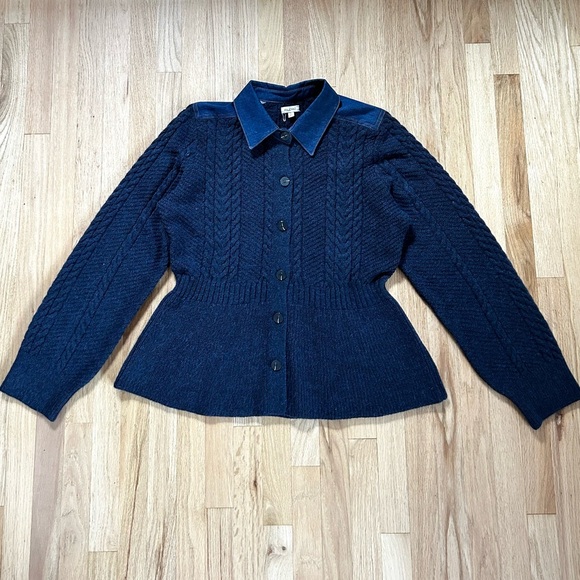 PILCRO anthropologie peplum cable cardigan collared sweater jacket navy size XL - Picture 5 of 14